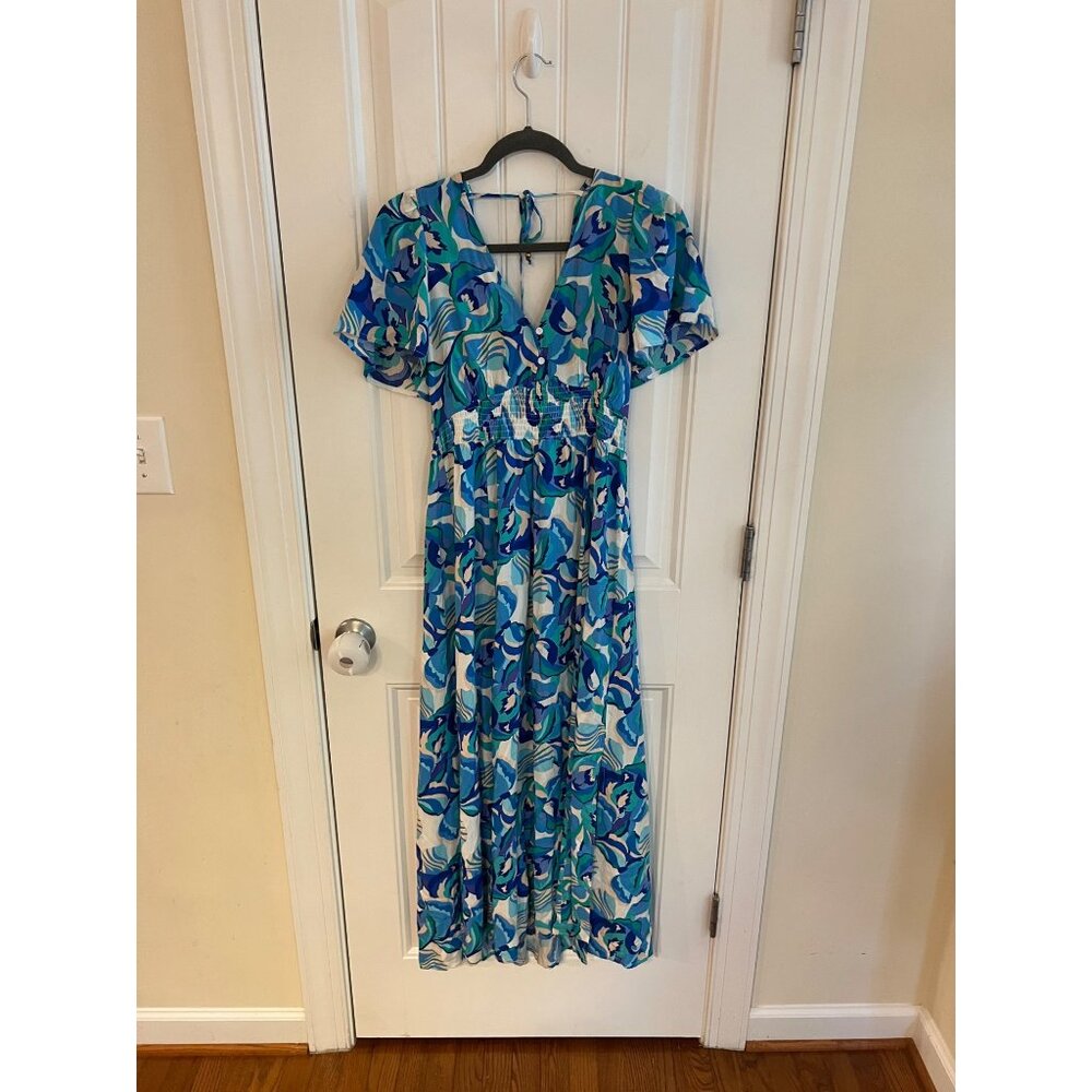 Anthropologie Abel The Label Blue Floral‎ Deep V-neck Maxi Dress Size XS